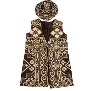 Vintage Tapestry Vest & Hat Set Jacquard Woven Floral Brown Cream Boho Folk *see